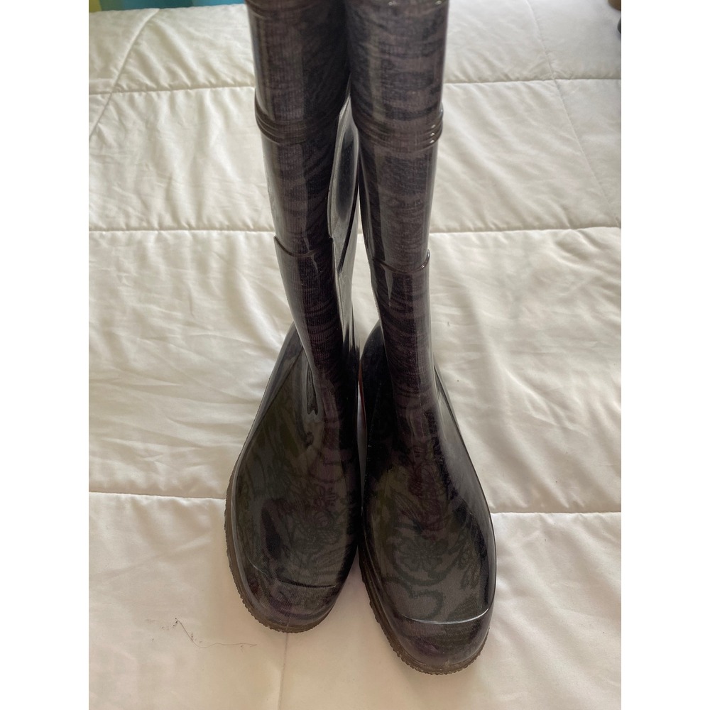 G&G Rain Boots Women Size 39 6 Black Floral Lace Italian Rubber Garden Wellies